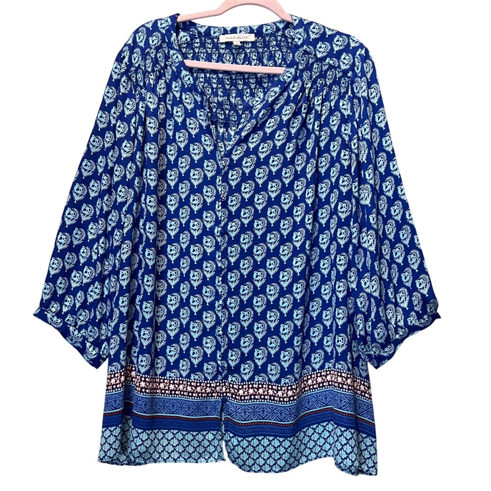 Rose + Olive Women Blouse Blue Paisley Smocked Tunic 3/4 Sleeve Boho Top